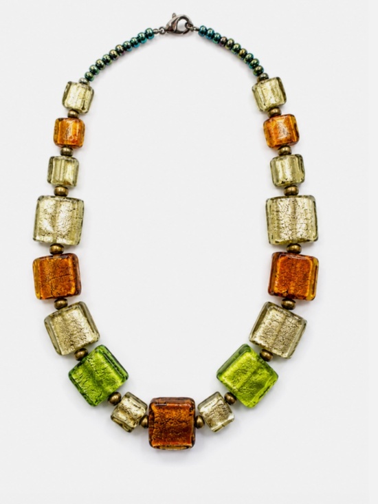 Murano Jewelry - Murano Glass Necklace Square Foil Art Glass Beads Green Gold Amber Italy Vintage